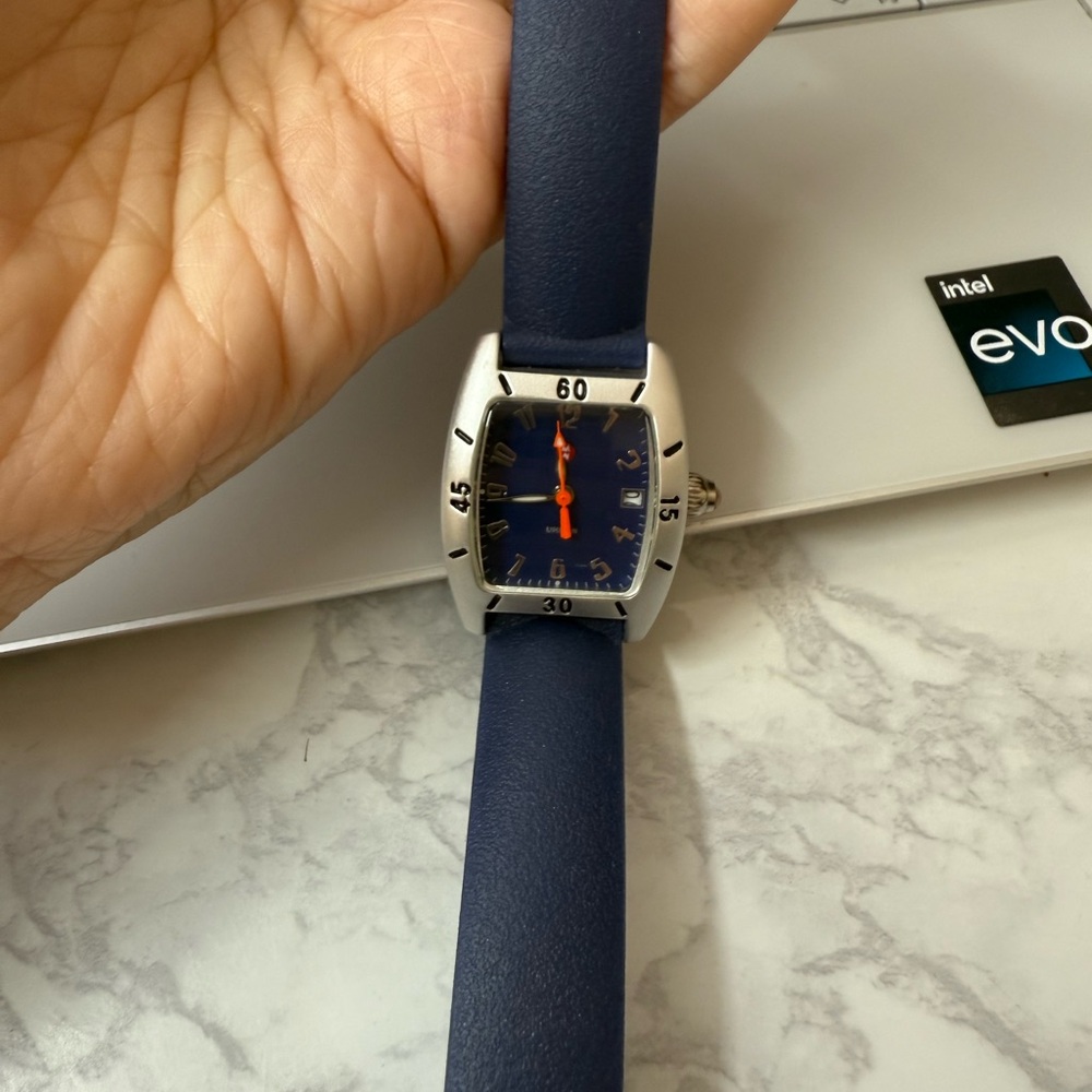 Michele Navy Blue Strap Watch with Orange Hands
